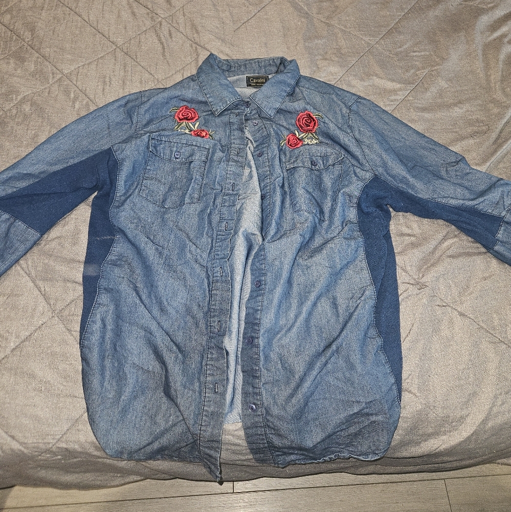 Denim Shirt with Rose Embroidery